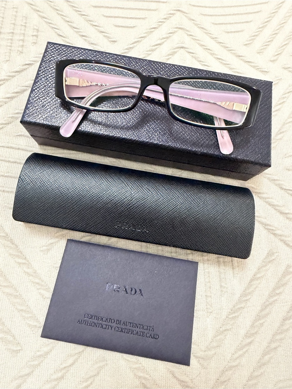 Prada Women's Rectangular Glasses - Black Frame with Light Pink Temples